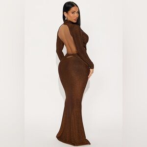 Fashion Nova Shimmering Bronze Long Sleeve Dress Need Drama Backless Gown M NWT